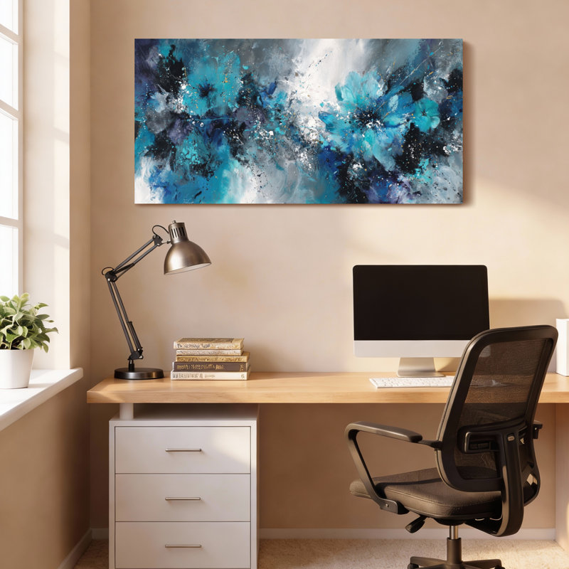 Abstract Blue Floral Canvas Wrapped Wall Art Oil Painting Print Set Of 1, 24" H x 48" W
