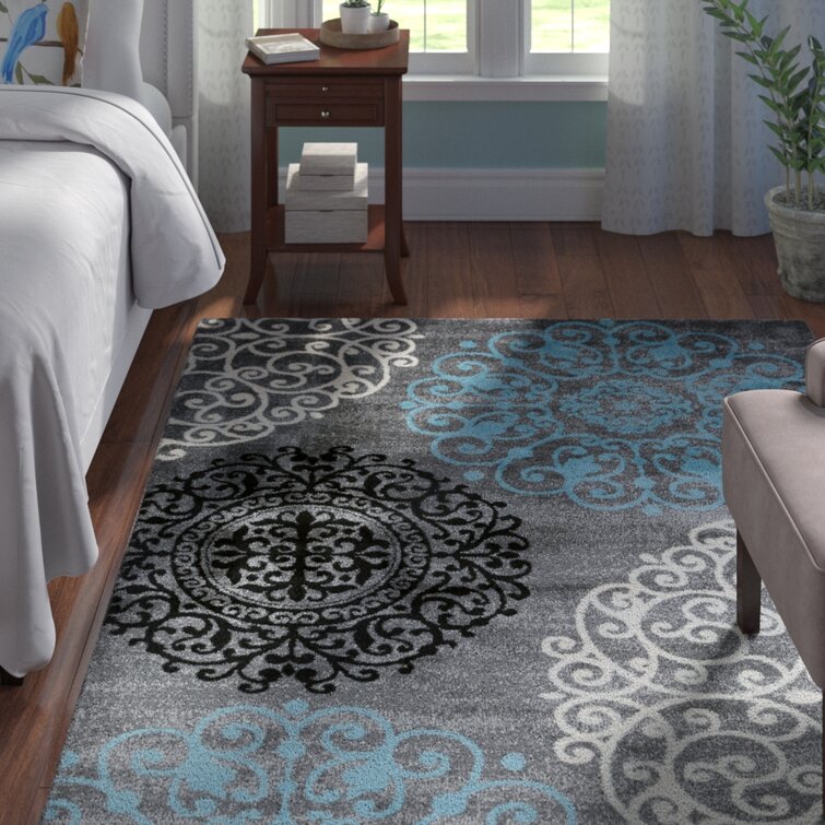 Flash Furniture Gideon Collection Geometric 5' x 5' Blue, Grey, and White Round Olefin Area Rug with Cotton Backing, Living Room, Bedroom