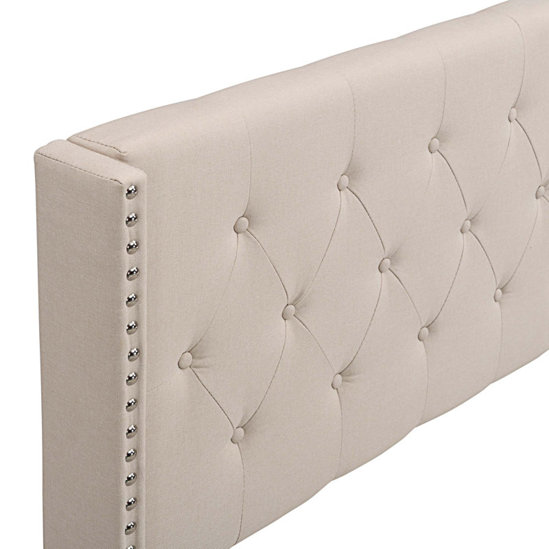 Lit plateforme tapissier avec tête de lit classique, Beige