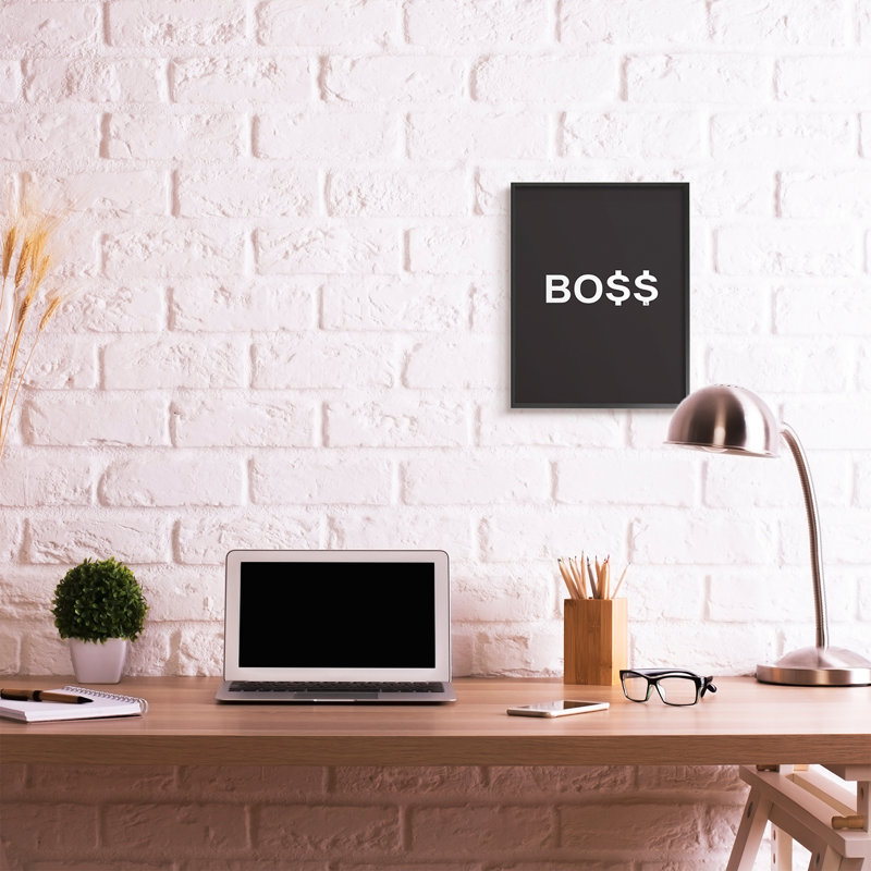 «Boss Text Dollar Signs Minimal Black White» par Martina Pavlova - reproduction d'art textuel, Giclée encadrée noir minuit