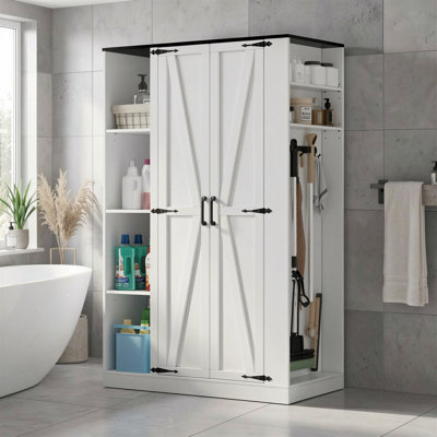 Storage Cabinet For Brooms And Mops, Wooden Broom Closet Organizer For Ironing Board, Vacuum Cleaners, 63" H Tall Utility Cabinet With Hanging Rod And Broom Holder For Laundry Room, Home Office