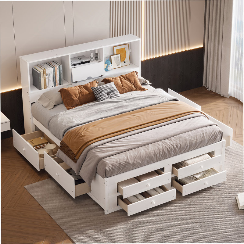Lit plateforme très grand avec tête de lit à rangement et 8 tiroirs, blanc, maximisant l'espace et le style, Blanc