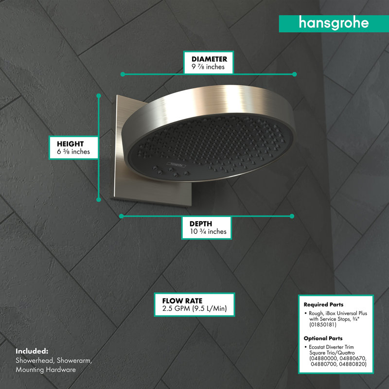 Tête de douche Hansgrohe Rainfinity 250 avec garniture de connecteur mural, Nickel brossé, 2,5 gallons par minute
