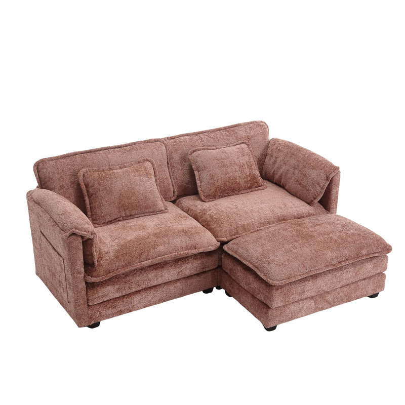 76.77" Chenille Loveseat With Ottoman, Pink Chenille
