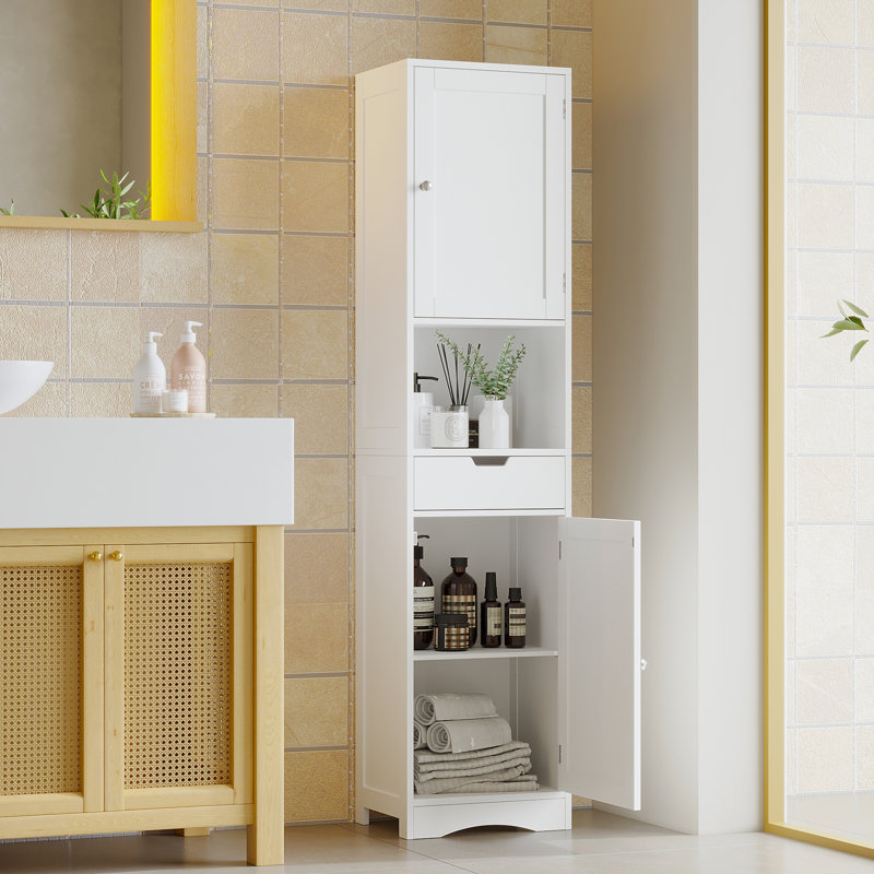 Grande armoire de salle de bain avec 2 portes, 1 tiroir et des tablettes réglables, parfaite pour les espaces étroits et le rangement organisé