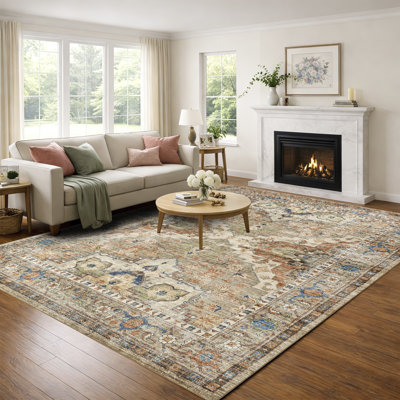 Machine Washable Vintage Oriental Area Rug Non-Slip Backing Brown/Orange/Beige Indoor Carpet for Living Room, Bedroom, Hallway Runner