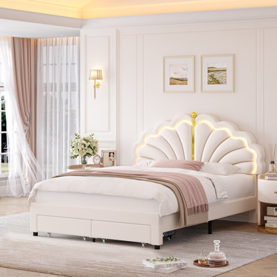 Upholstered Platform Bed with LED Lights and Drawers