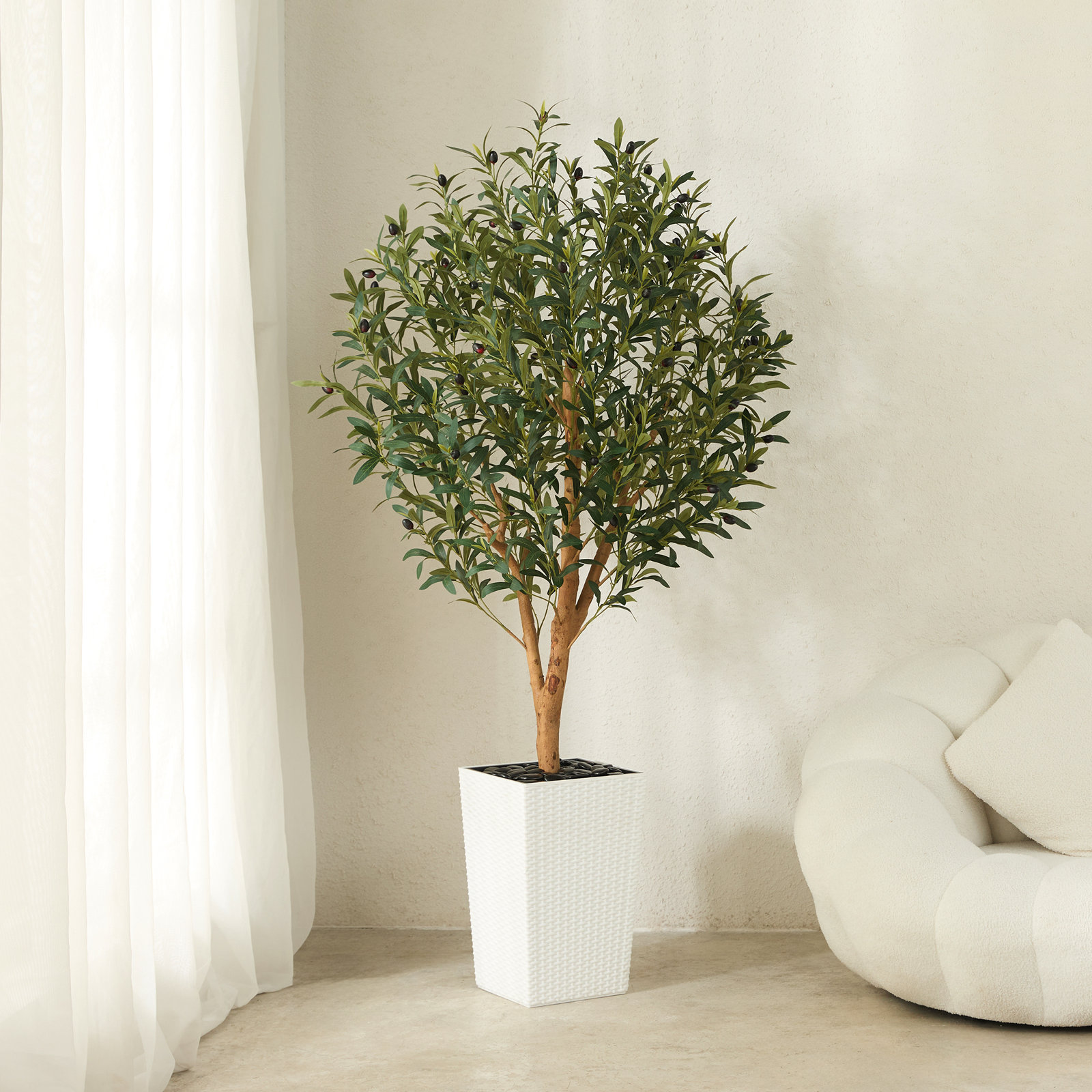 George Olive Tree in Decorative Vase, 60" H x 20" W x 20" D, White