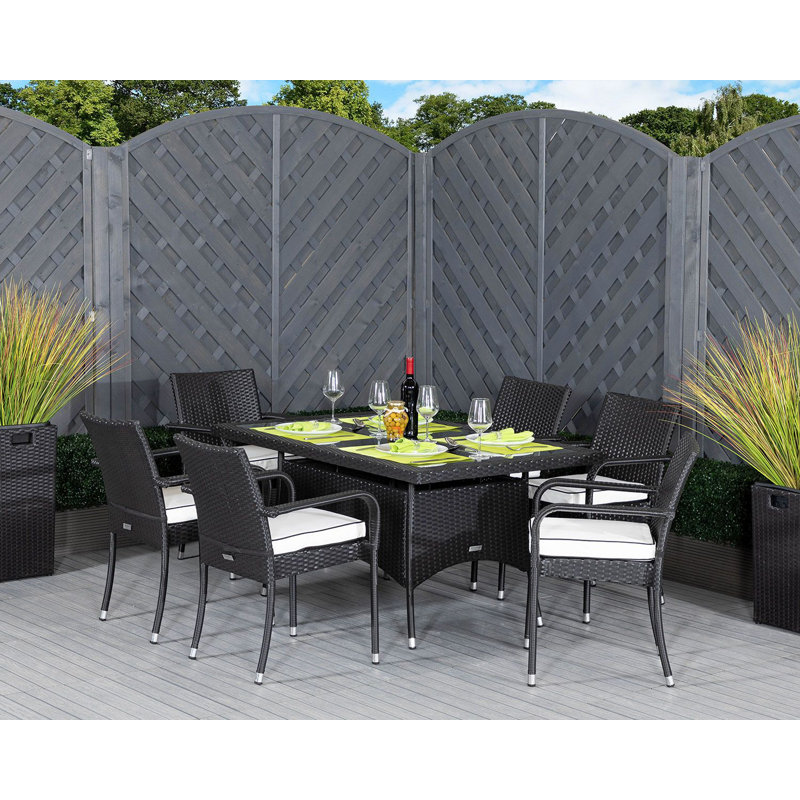 Farmer 6 - Person Patio Dining Set with Rectangular Table , Cushions Included, Black/Vanilla