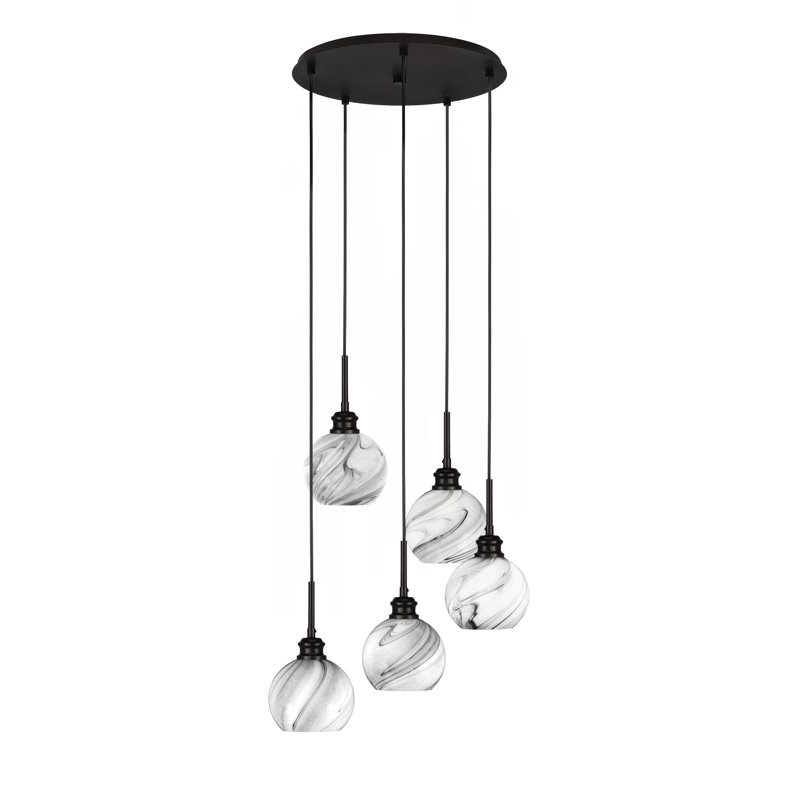 Edge 5 Light Cluster Pendalier Shown With 5.75" Onyx Swirl Glass, Espresso