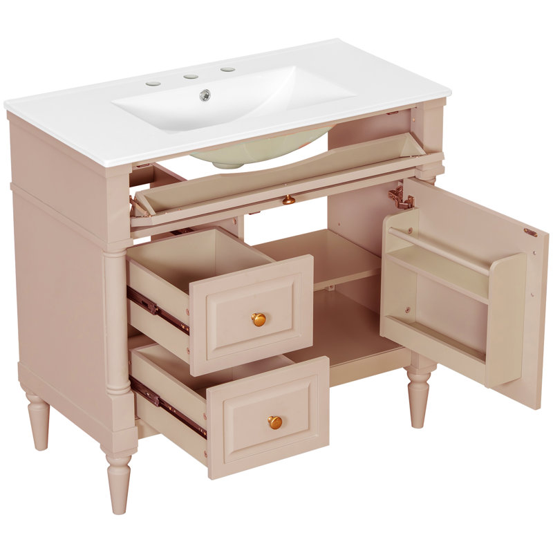 Elegant 36'' Bathroom Vanity With Ceramic Sink, Light Pink