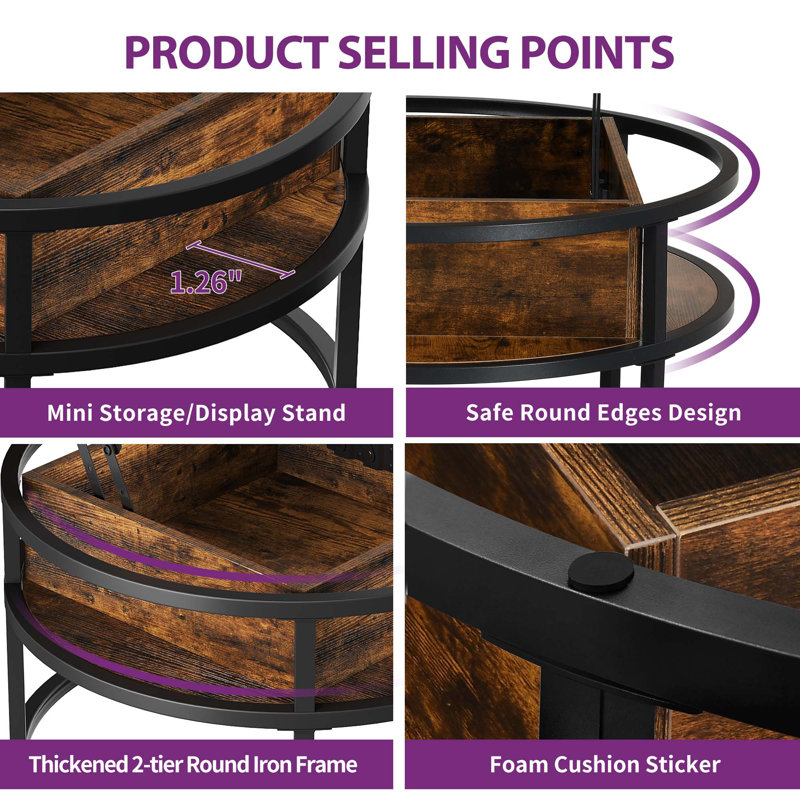 Rothwell 31.5"W Lift Top Extendable Round Frame Coffee Table with Storage, Deep Brown, Black