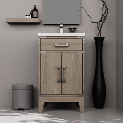 Meuble-lavabo en chêne gris l 20 po x P 18 po avec comptoir en acrylique - structure en bois massif, porte d'armoire à fermeture en douceur, espace de rangement intérieur généreux, plateau poli à la main et scellé, 8 po Répandez le trou du robinet