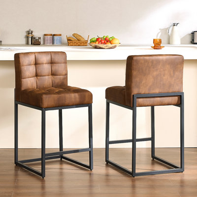 Modern Counter Height Bar Stools Set of 2,25 inch Checkered Wiring Thick Upholstered Barstools with Back Sturdy Metal Legs, Coffee Faux Leather Counter Stools for Kitchen Island (Set of 2)