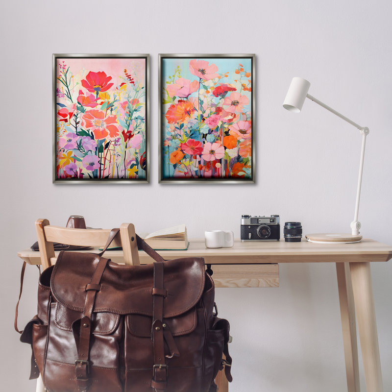  Ensemble de 2 toiles flottantes Bright Contemporary Flowers encadrées par LSR Design Studio, Cadre flottant gris lustré