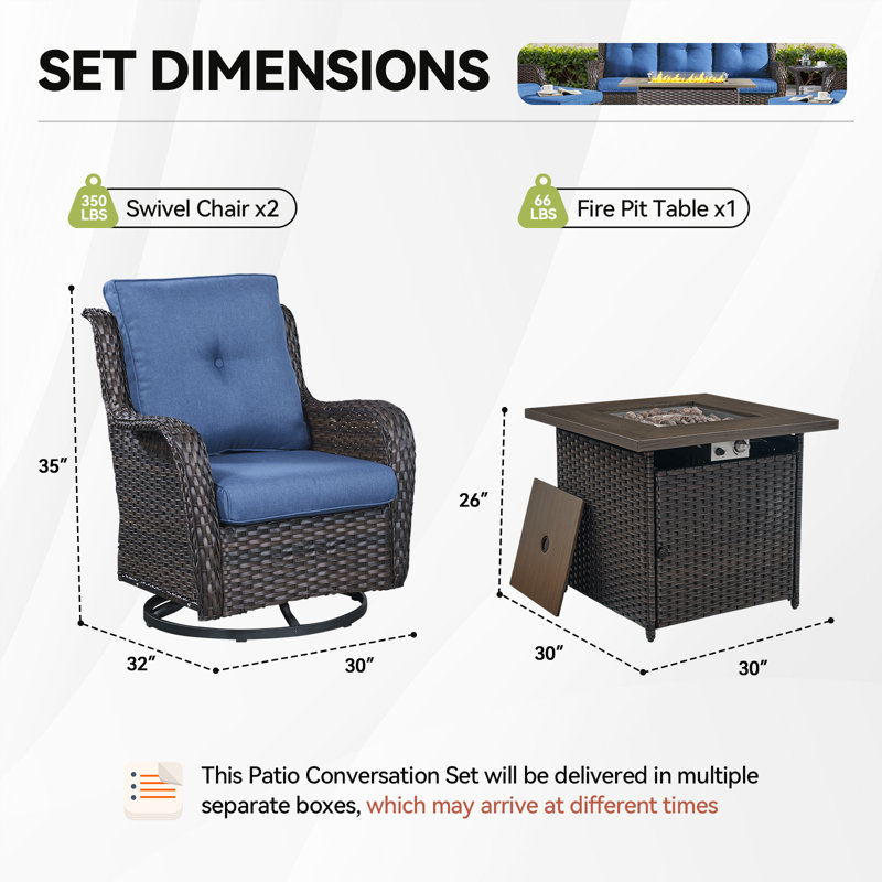 Wendye 3-Piece Outdoor Chair Set With Swivel Chairs & 55K BTU Fire Pit Table, Brown, Blue