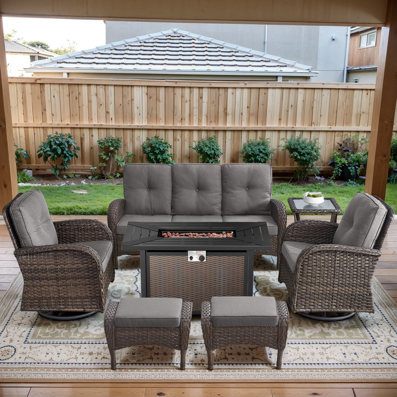 Aluel 7-Pieces Wicker Outdoor Conversation Set for 6 Person With 2 Rocking and Swivel Chairs & Fire Pit Table, Gray