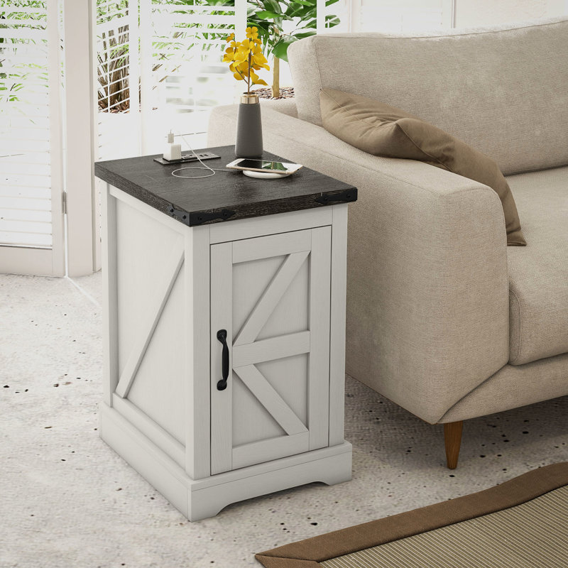Table de bout de salon avec station de charge de rangement et d'accès électrique, organisateur blanc vieilli