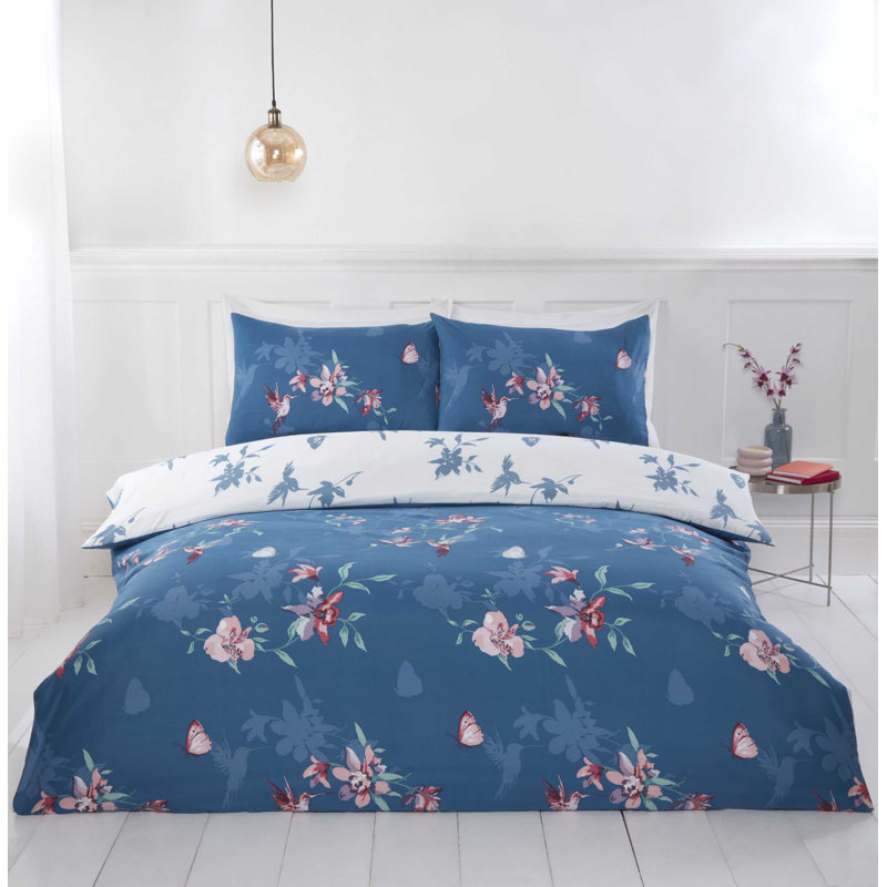 Dupre Microfiber / Polyester Floral Duvet Cover with Pillowcases Included, Blue, King Duvet Cover + 2 Standard Pillowcase