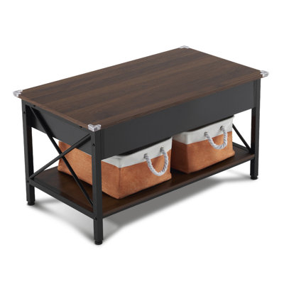 Panneau rectangulaire en noyer nordique 36,02 po 36,02 po avec structure latérale en métal en forme de X, hauteur réglable, 2 sacs de rangement, table basse