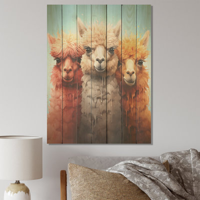 Cheerful Alpaca Family Portrait I - Alpaca On Wood Print