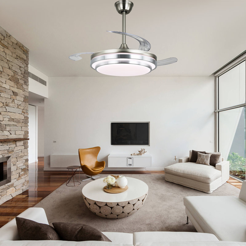 42" 3-Blade Chrome Ceiling Fan with Lights and Remote Control, 6-Speed Latest DC Motor Ceiling Fan for Living Room, Bedroom