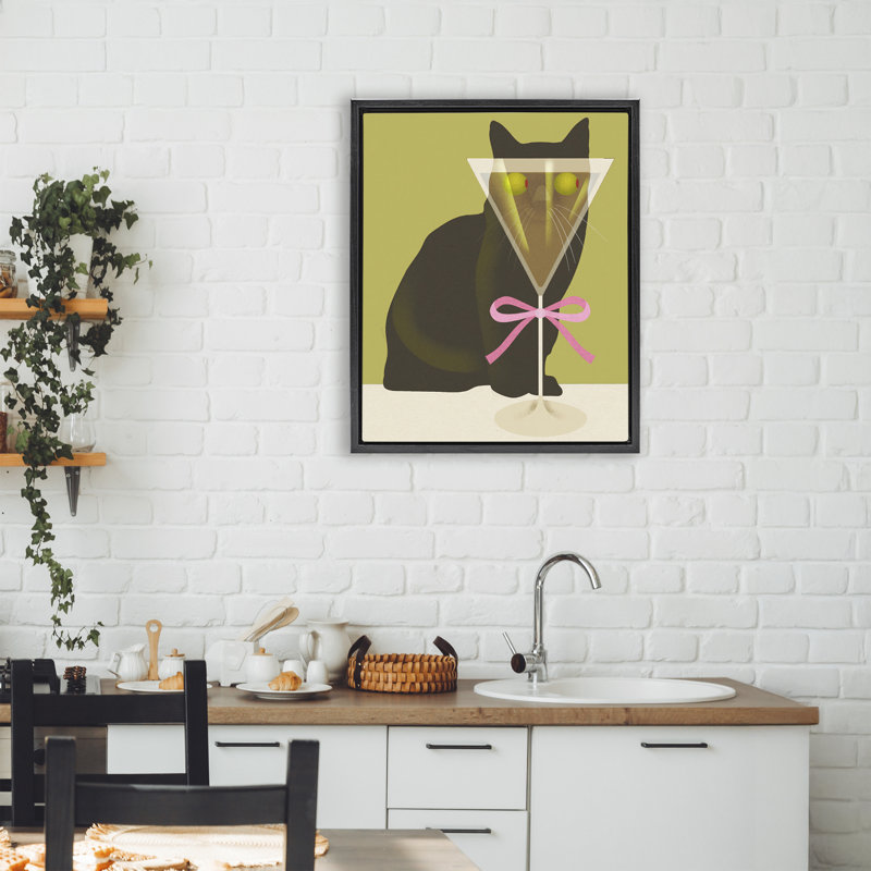 Cadre amusant avec chat et olives Martini, par Lil 'Rue, Cadre flottant noir de jais, H 21 po x l 17 po