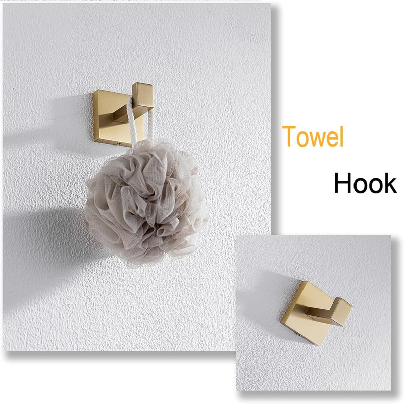 4-Piece Bath Hardware Set With Towel Bar Hand Towel Holder Toilet Paper Holder Towel Hook Modern Square, Brushed Gold