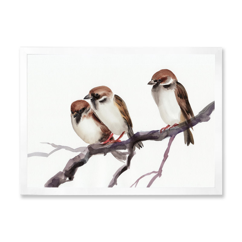 Trois moineaux sur une branche - peinture sur toile, H 34 po x l 44 po, Toile blanche avec cadre d'angle fermé