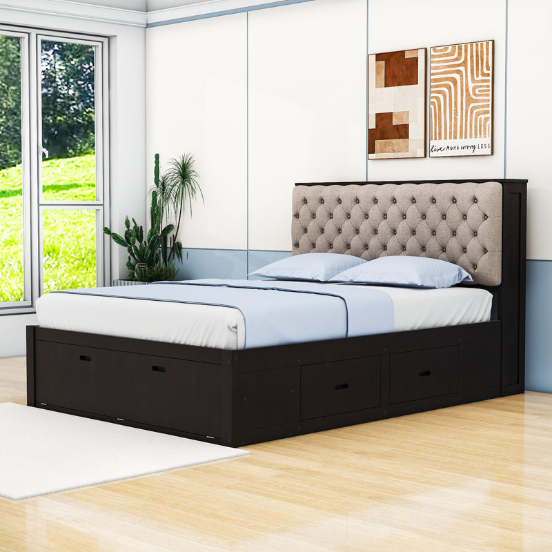Grand lit plateforme à 4 tiroirs en bois avec tête de lit Mook, Espresso