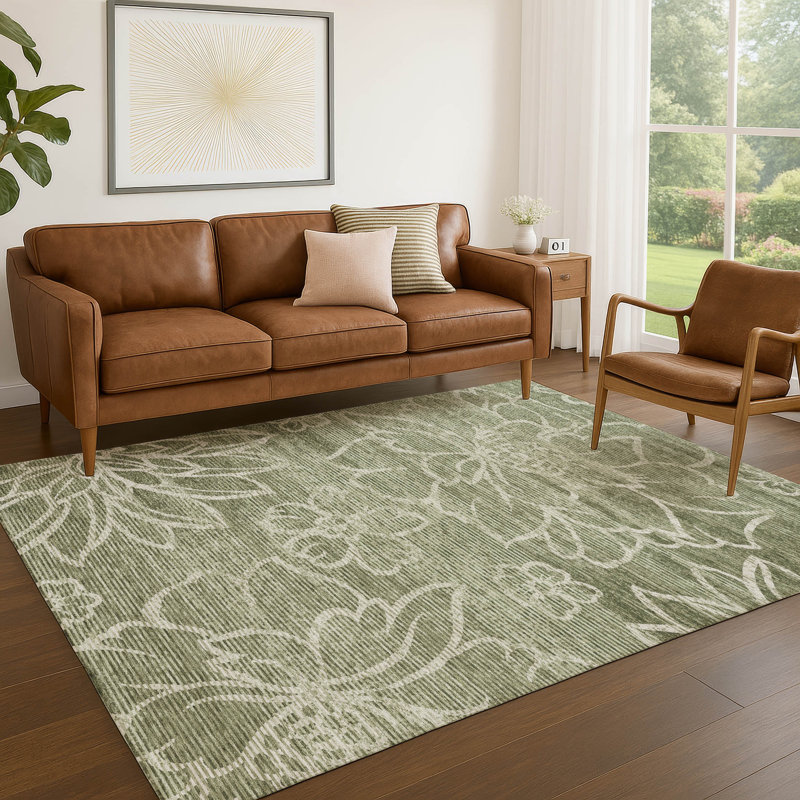 Tapis floral intérieur / extérieur lavable à la machine Chantille ACN2789, Olive, 3 pi x 5 pi