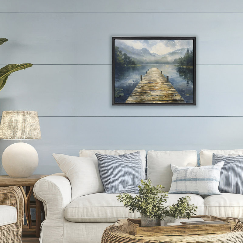 Wooden Dock Over Lake Floating Frame, design by LSR Creative Studio, Jet Black Floater Frame, 17" H x 21" W