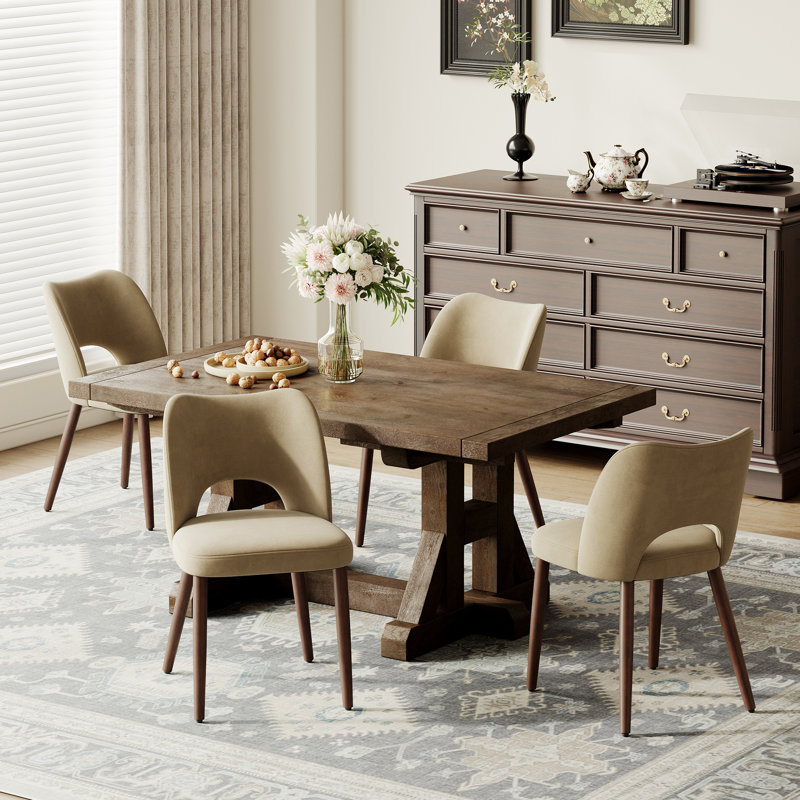  Modern Velvet Upholstered Dining Chair Side Chair with Wooden Legs, Coffee