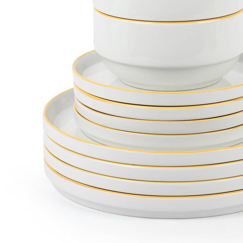 Waterside 12pc Stackable Colour Rim Porcelain Dinner Set, White/Yellow