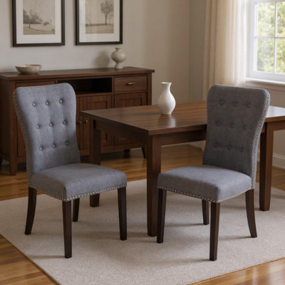 Ensemble de deux chaises d'appoint de salle à manger en bois et tissu gris et brun