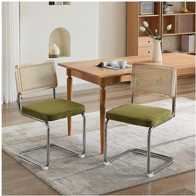 Ensemble de chaises de salle à manger de style médiéval 2 pièces, fauteuil texturé en velours, dossier en osier naturel et base en acier inoxydable chromé, célèbre chaise de style B et B, chaise de cuisine tissée, vert olive