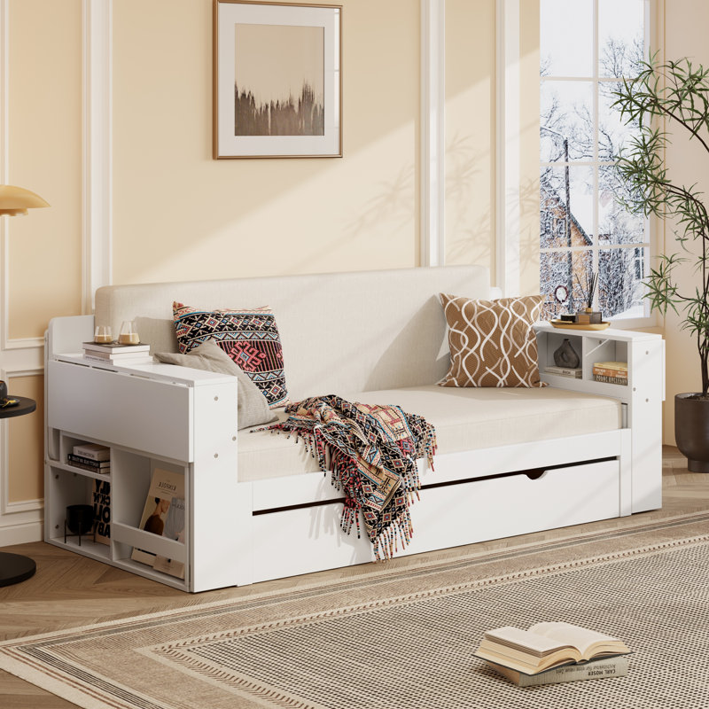 Queen Size Daybed With Removable Desk, Storage Drawers & Hydraulic Side Table, White, Queen
