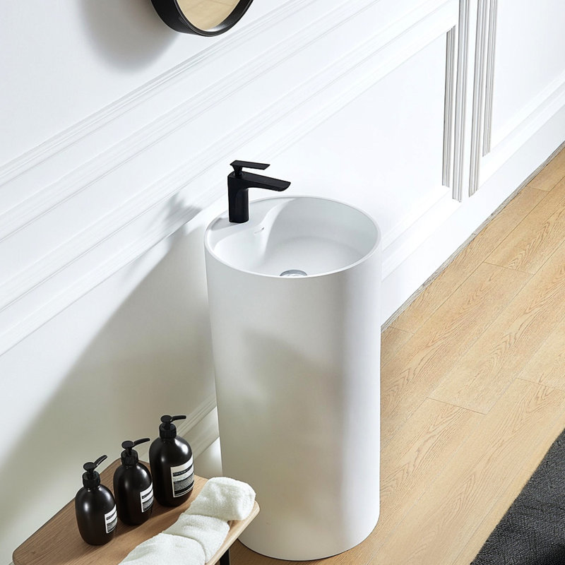 Lavabo sur pied moderne pour salle de bain 66S - 08 en blanc mat, dimensions 17,36 po, drain de trop-plein, qualité et espace pour salle de bain minimaliste, taille X 35,69 po, surface non poreuse