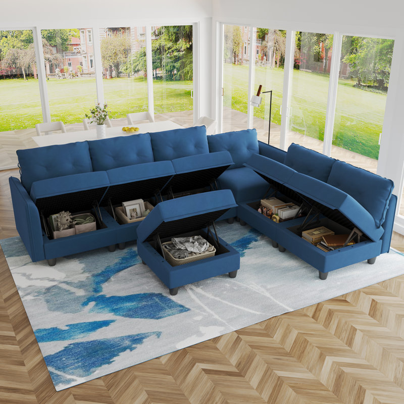 Canapé modulaire réversible avec repose-pieds Bresee, Velours bleu, H 34 po x l 112 po x P 81 po