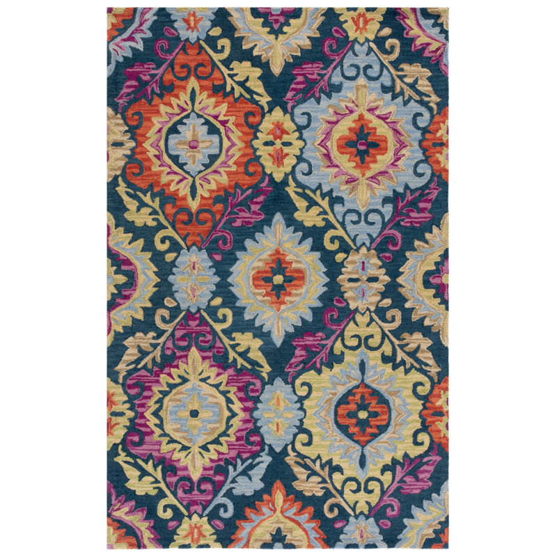 Tomo Hand Hooked Wool Floral Rug, Rectangle 5' x 8'