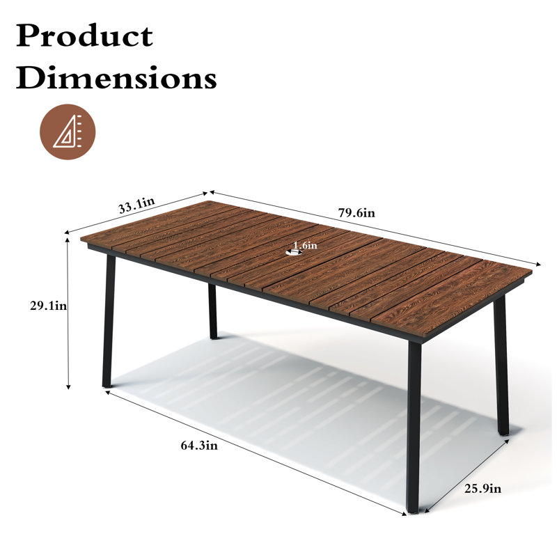 Rectangular Outdoor Dining Table with Umbrella Hole, 79.6'' in W x 33.1'' in D, Brown