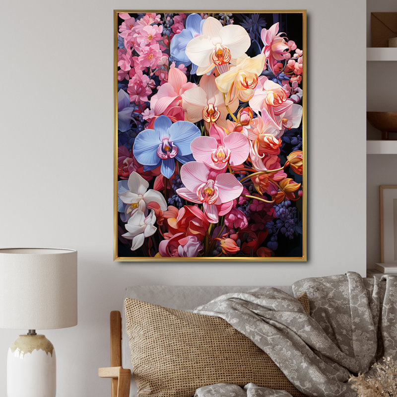 Orchidées roses et blanches sur fond blanc, H 20 po x l 12 po x P 1 po, Cadre flottant doré