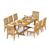 9 Pcs Grade-A Teak Wood Dining Set: 94" Double Extension Mas Rectangle Trestle Leg  Table And 8 Caranas Chairs (2 Arm & 6 Armless Chairs) #11Ca2102