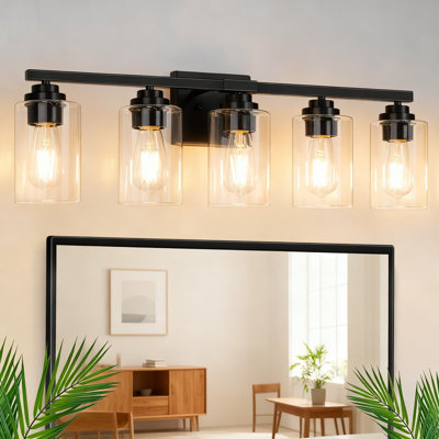 Luminaire de meuble-lavabo 5 lumières, éclairage de salle de bain moderne de 31 po avec abat-jour en verre transparent, applique murale en métal noir mat pour miroir, salon, chambre à coucher et porche