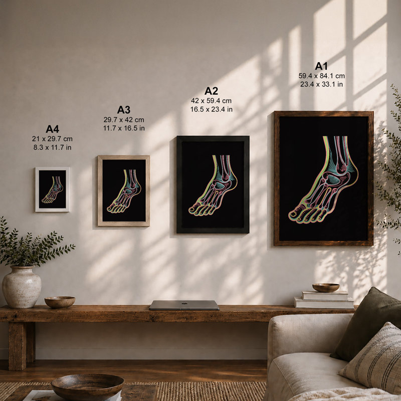 Anatomical Foot Study Educational - Framed Print, Walnut, A4 - 29.7 x 21.0 cm