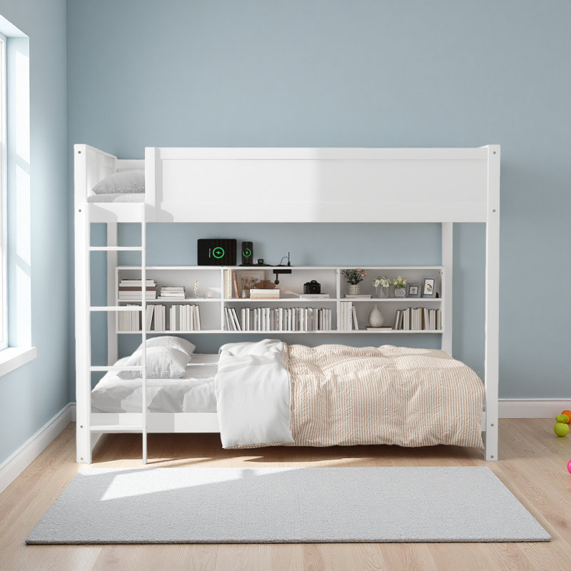 Lit superposé grand sur grand avec armoires de rangement et ports USB, Blanc