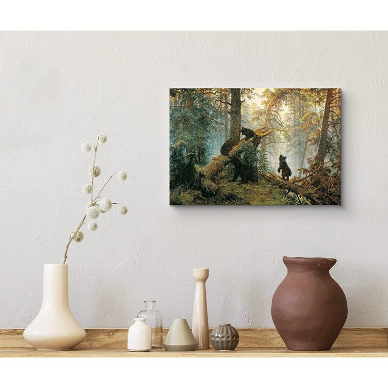 Morning in Pine Forest Canvas Art with Black Bears