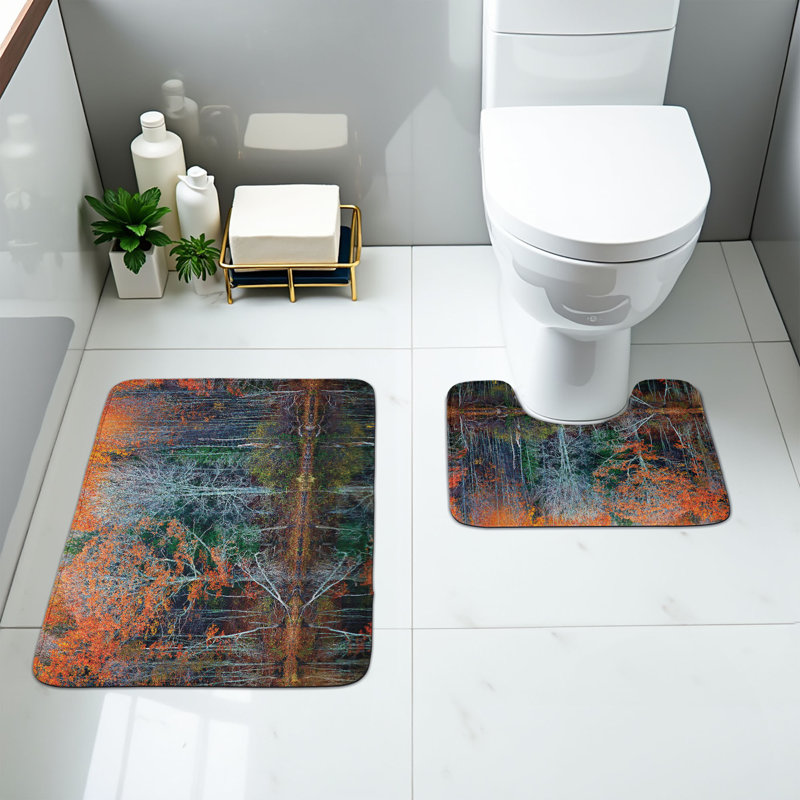  Fall Bathroom Rug Set 2 Pieces Rectangle & Contour Mats Brown and Red