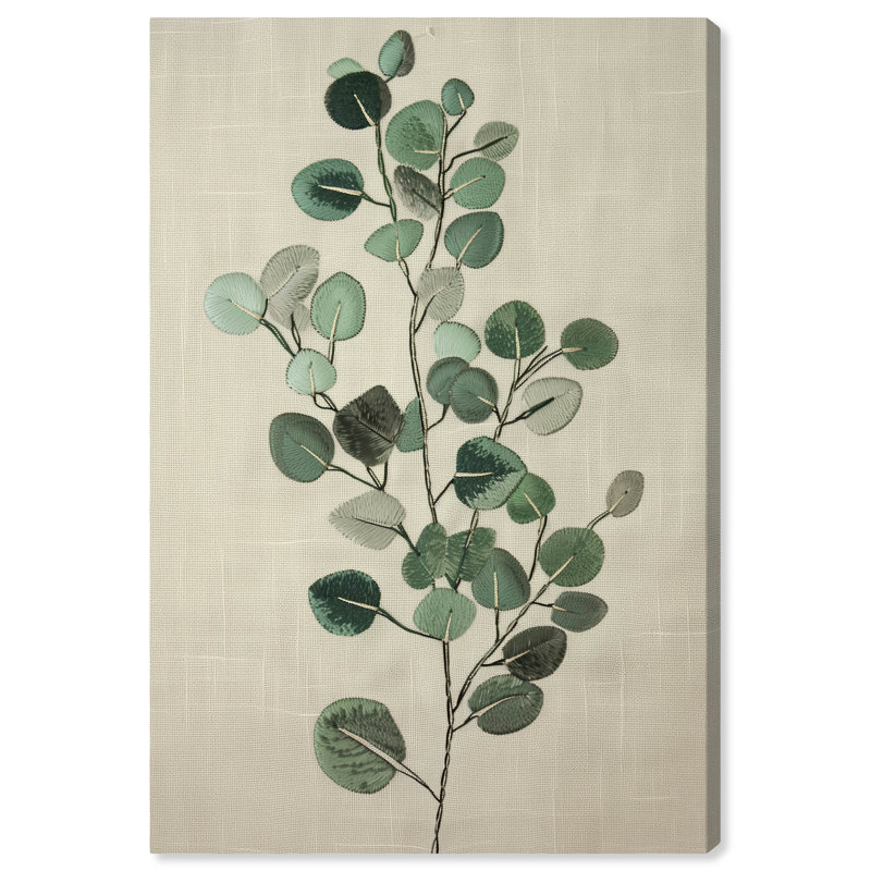 Eucalyptus Embroidery Green and Beige Botanical Canvas Wall Art, 10" x 15"