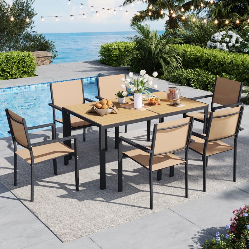7 Piece Outdoor Patio Dining Set With 1 Table & 6 Chairs, Patio Dining Furniture For 6, Wpc Tabletop And All-Weather Resistant Iron Frame, Suitable For Garden, Backyard And Deck, Brown
